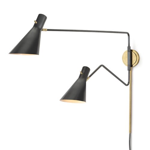 Black wall fixture with two separate arms and shades